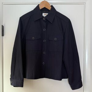 Talbots 100% Wool Navy Blue Cropped Button Front Shirt Jacket Blazer Size 10
